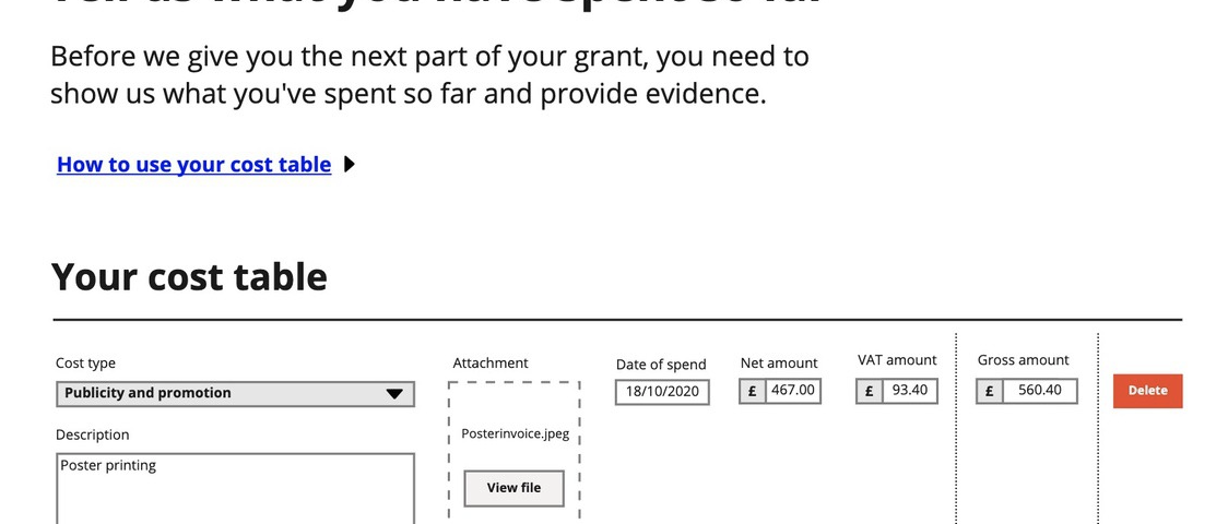 A screenshot of the cost table prototype including guidance text and sections for grantees to add their project costs