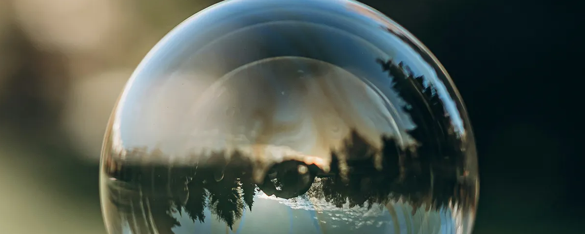Every bubble must eventually burst. A single crisp, clear bubble captures a landscape of forest edge, water and sky, mirrored inside. An eye appears to be hidden in the center, camouflaged amongst the trees.