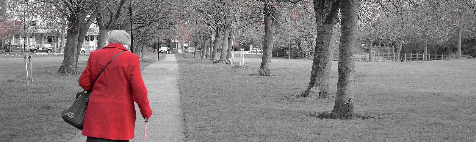 The back view of an old lady wearing a red overcoat & black skirt, walking along a grey mono-toned suburban tree-lined path.