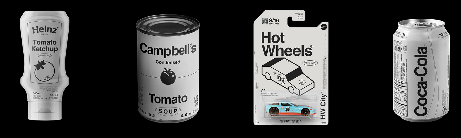 Image of four iconic brands (Heinz ketchup, Campbell’s tomato soup, Hot Wheels, and Coca-Cola) with their trademark colours and unique fonts removed.