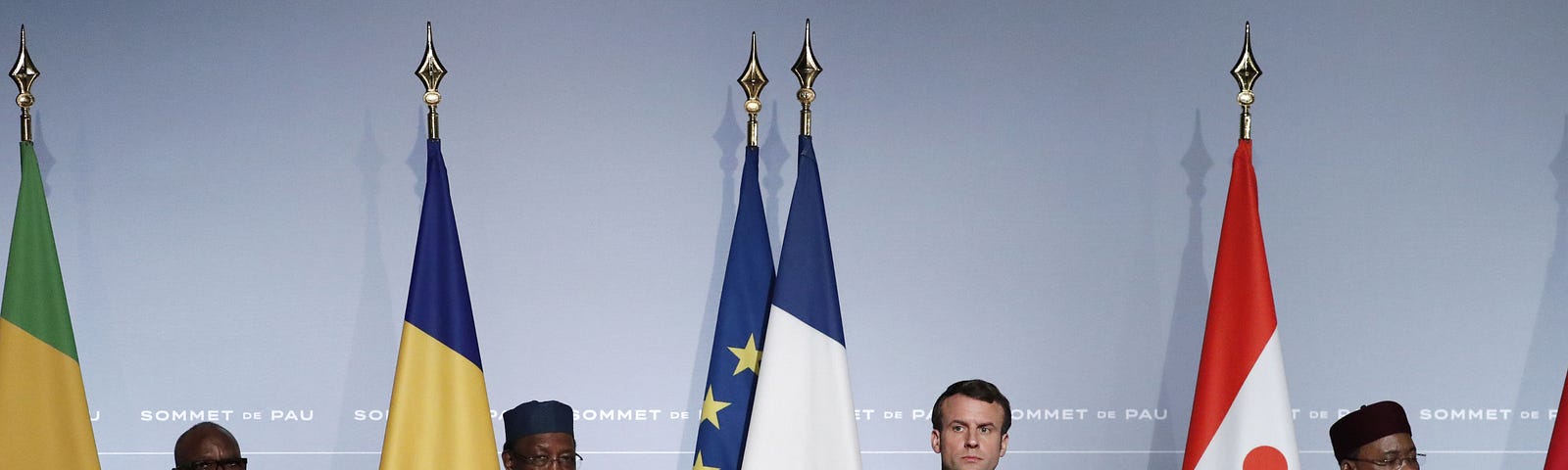 From left, Malian president president Ibrahim Boubacar Keita, Chadian president Idriss Deby, French President Emmanuel Macron and Nigerien President Mahamadou Issoufou pictured during a press conference as part of the G5 Sahel summit.