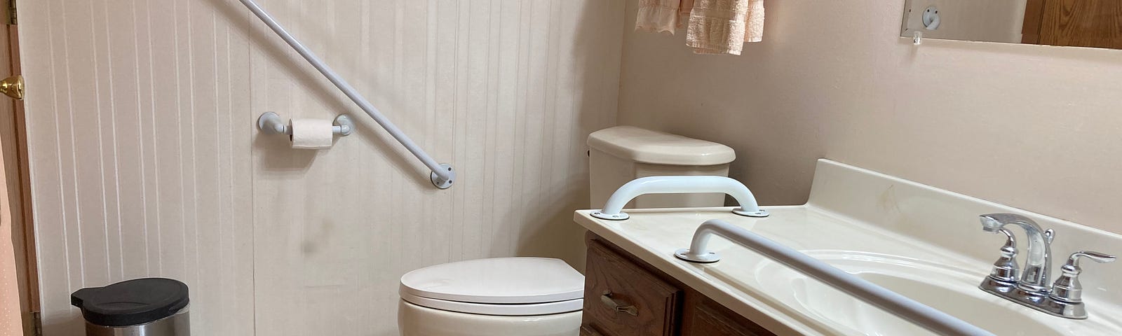 Bathroom with a tall toilet and grab bars on the wall and on the counter.