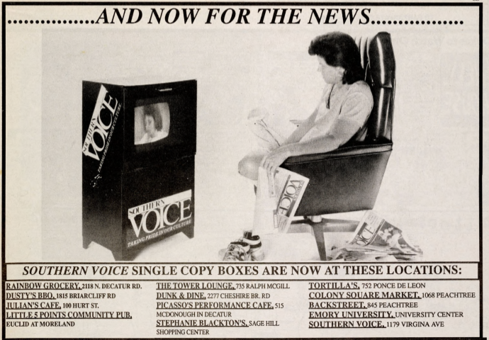 Image showing a woman sitting in an office chair facing a Southern Voice newspaper copy box, with single issues of The Southern Voice on the floor. Beneath the image is a list of 13 locations in Atlanta with Southern Voice newspaper boxes.