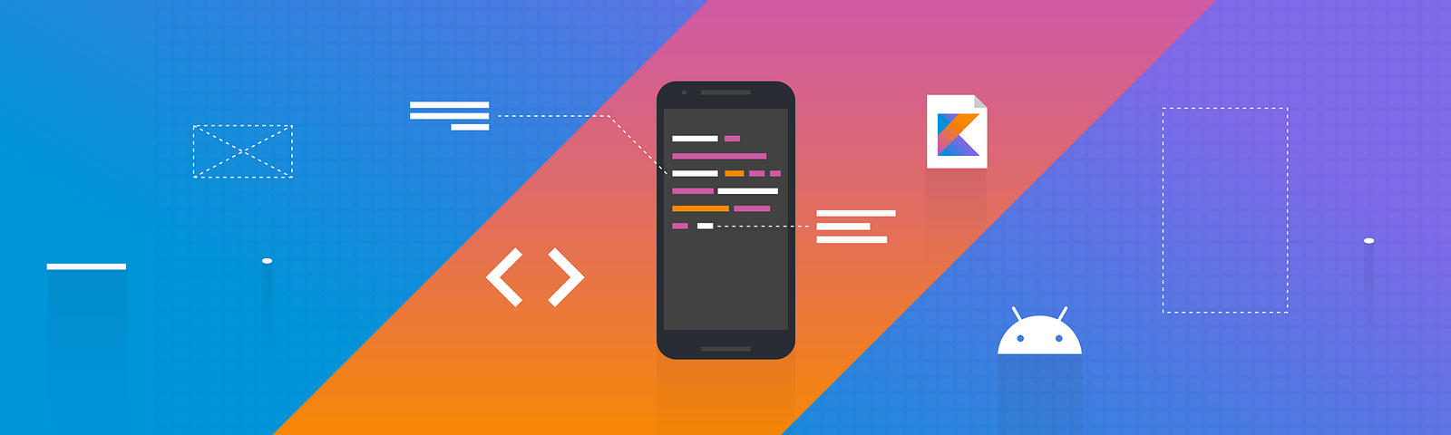 Illustration of mobile phone with Kotlin and Android logos around it.