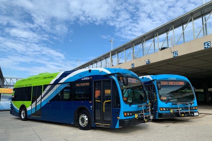 Electric buses from Montgomery County, MD’s fleet.