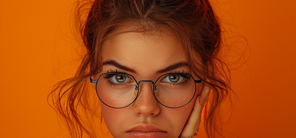 magine a woman being angry, frowning, looking at the camera, with one hand covering her mouth, wearing eye glasses and accessories with contrasting vivid colors.