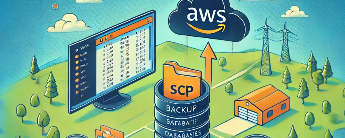 A green field with trees and powerlines has multiple large labelled objects on it. The labelled objects say things like backup and EC2. There’s a cloud in the Sky with the AWS logo on it, and a large screen with a file system on it. The whole image is cartoon depiction of data being moved from the file system to an AWS EC2 instance.