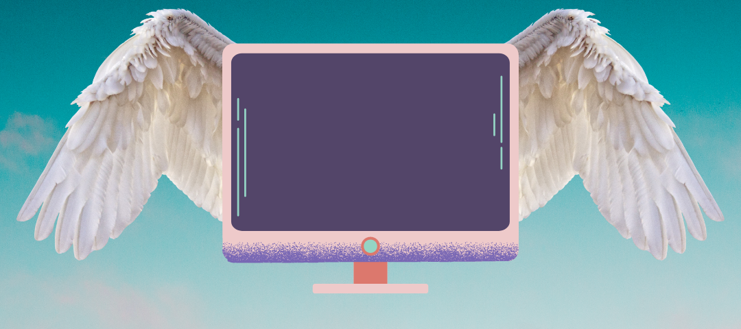 A computer monitor with wings flys off into a sky with pink clouds