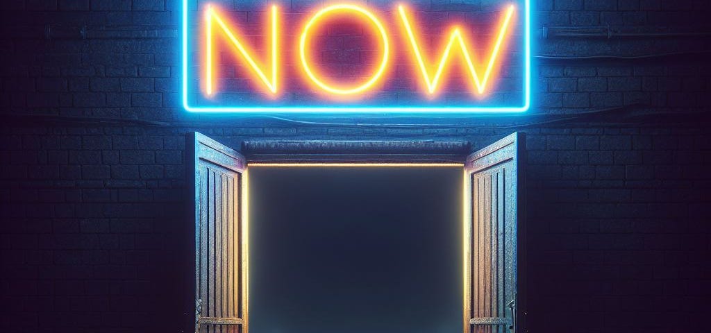 Opened darkened doorway at night, with a neon sign above it glowing the word ‘NOW’ in bright, vivid letters.