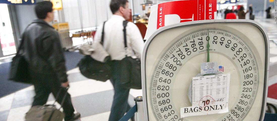 Photo of an airport scale with passengers passing by in the background.