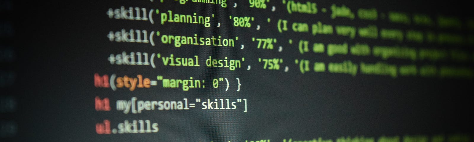 Photograph of a computer screen full of HTML code with the header ‘skill’