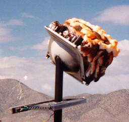 A CRT monitor with its back removed is filled with brain-like foam. Mounted on a stake, it looks over the mountains at a light blue sky..