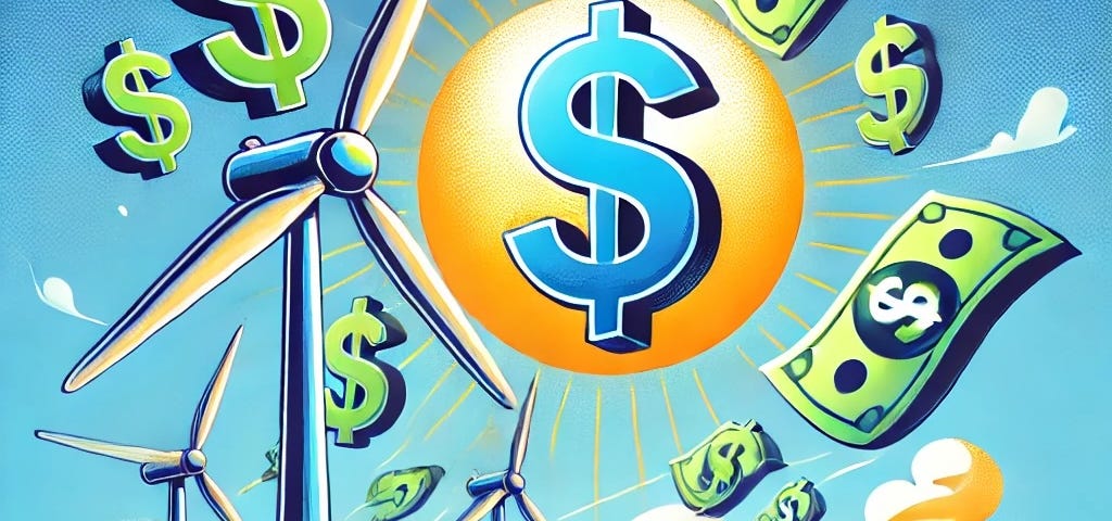 IMAGE: An illustration depicting wind generators being blown by dollar signs and solar panels being illuminated by dollar signs, emphasizing the positive financial impact of renewable energy sources
