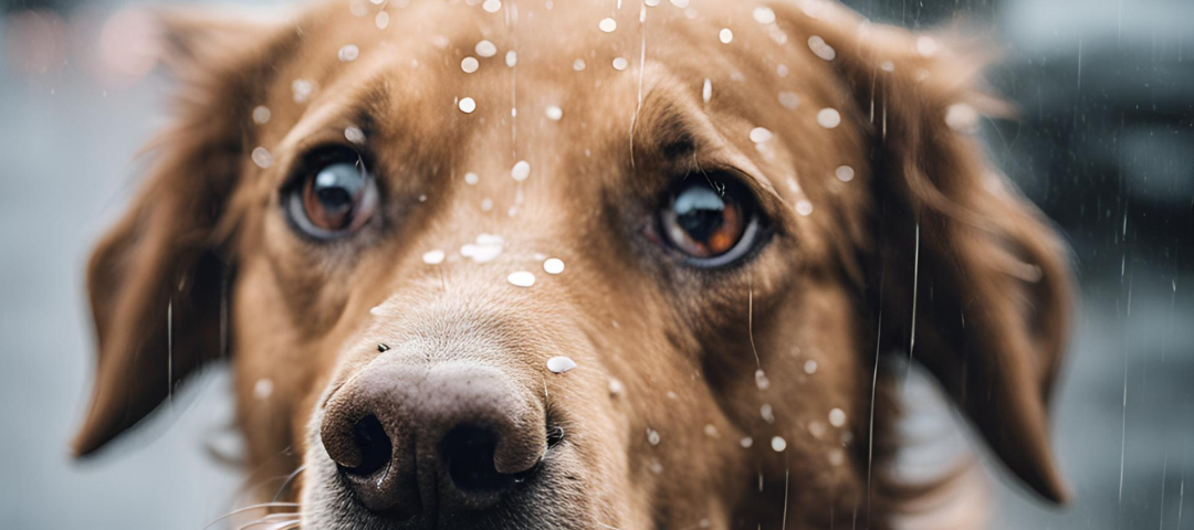 Scared dog in the rain.