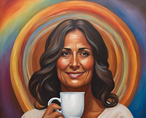 A tan, smiling middle-aged latina has an orange halo around her head.