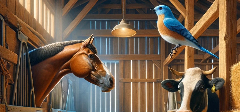 A horse, a cow, a blue jay bird, and a rat in a barn.