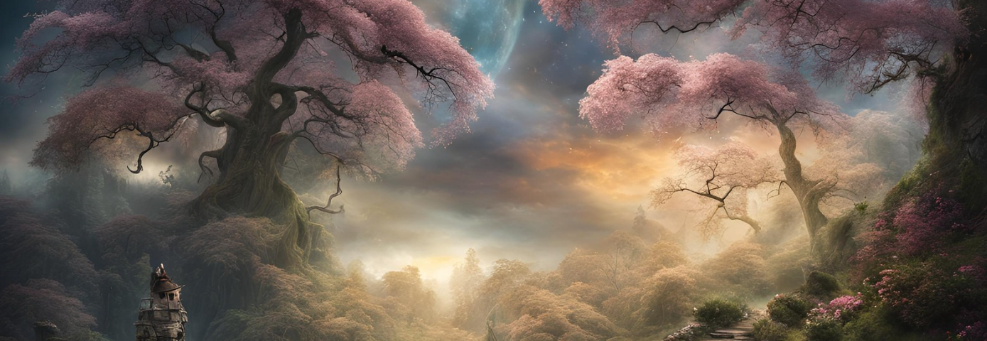 an AI generated image of eternity- you can see pink trees, a planet in the background- just a magical scene