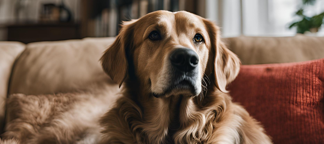 Older golden lab on couch looks up.