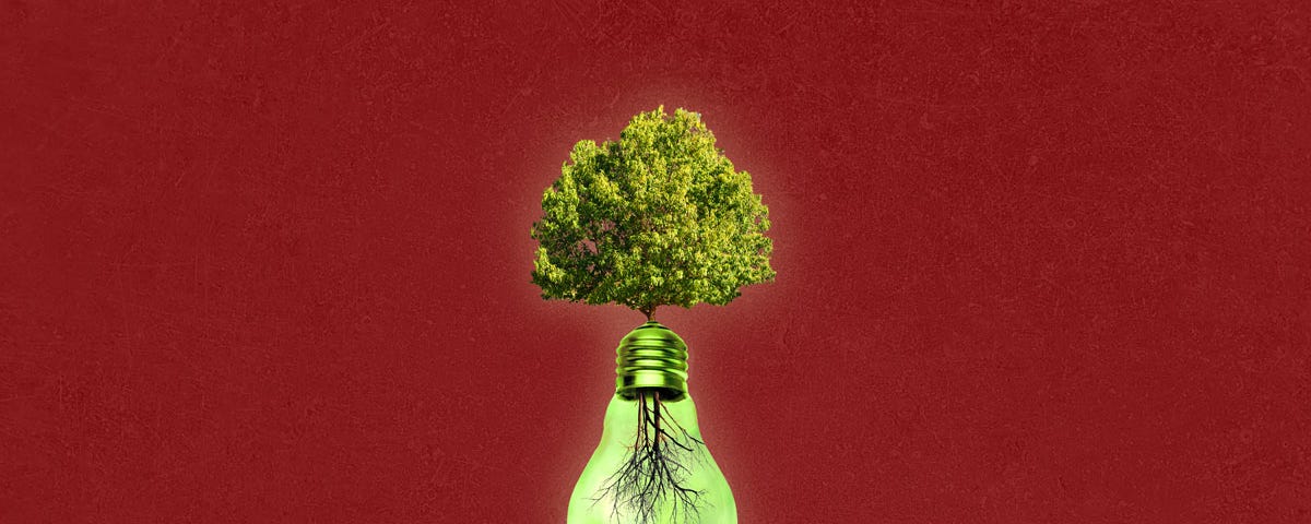 A green idea tree with a textured dark red background.