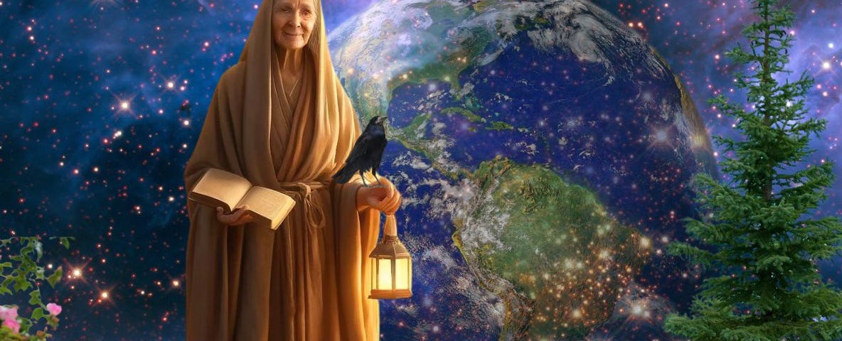 AI created image of a wise elder woman. In one hand she holds a lantern, the other a book. A raven is on her arm, a wolf, a spruce tree, & a wild rose are in the front. The background is a star-filled sky over an image of the Earth.