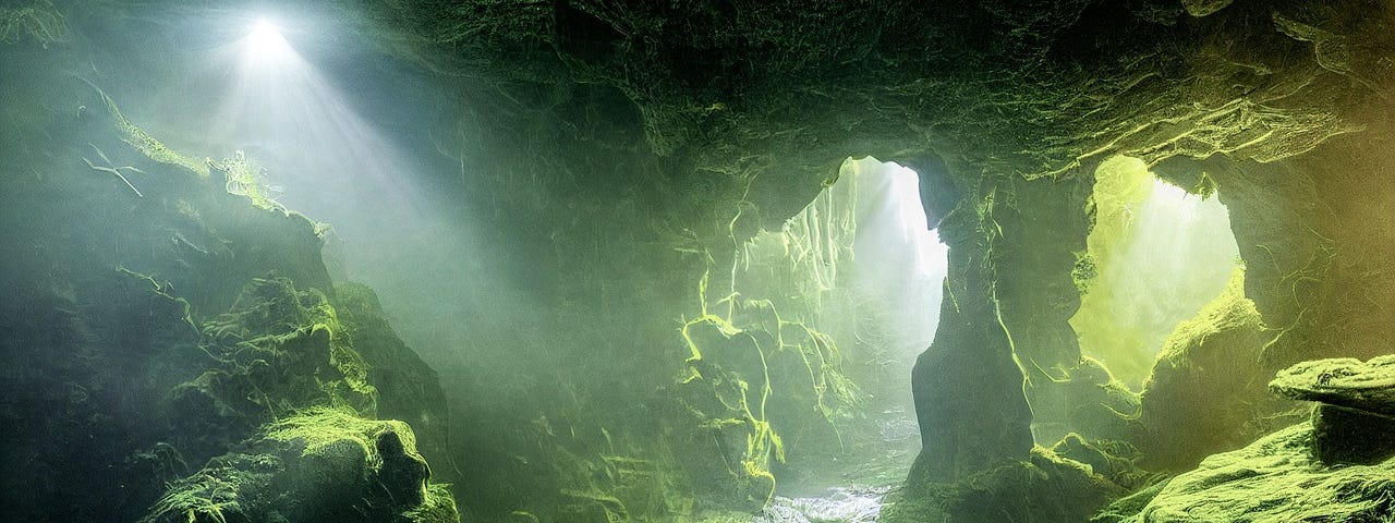 A beautiful cave with a lot of greenery and plenty of sunlight.