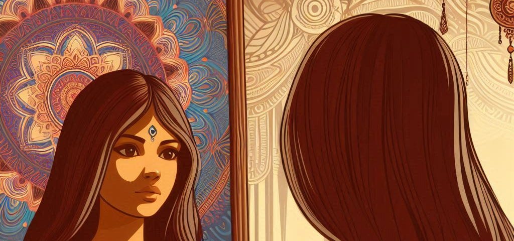 Cartoon-style picture of a brown woman with long hair looking into the mirror, with a mandala in the background.