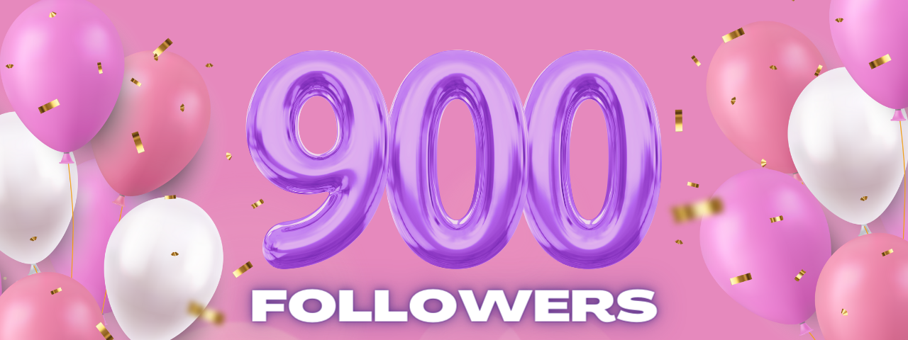 900 in purple balloons. FOLLOWERS in bold white letters. Purple Medium logo. Pink background. Pink, white, and purple ballons on the sides.