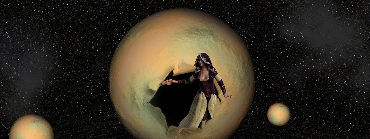 A woman outside a moon like object grabbing a hand emerging from inside
