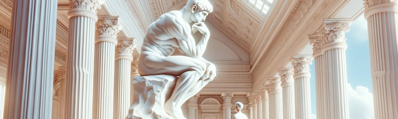 A modern man is looking up to an ancient marble statue in a Roman temple