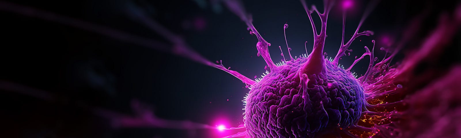 An illustration of a cancer cell (purple) and its microenvironment. (T-Cells, nanoparticles, cancer associated fibroblast layer of tumor microenvironment normal cells, molecules, and blood vessels).