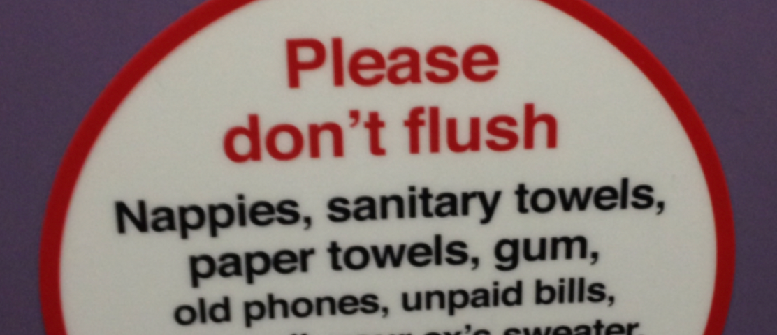 A sticker asking people not to flush strange or inappropriate items down the toilet.
