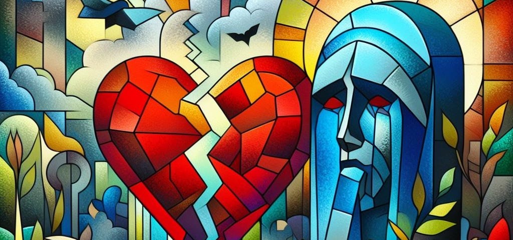 Broken heart, woman, well, and plants in cubism style with bold colors