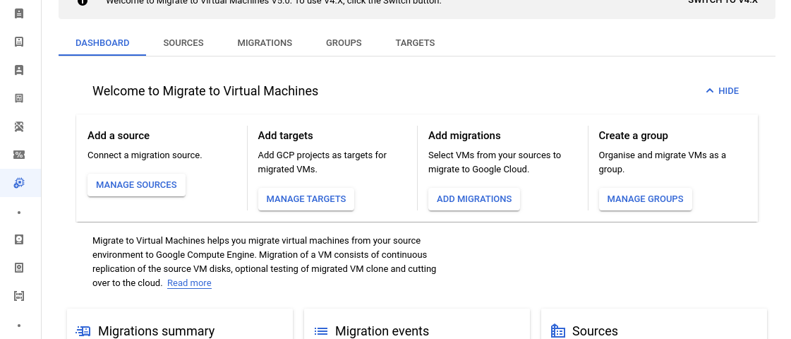 Migrate for Virtual Machines dashboard