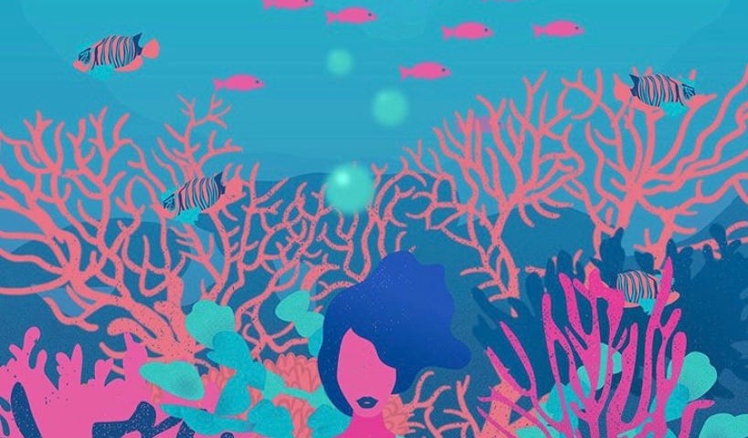 Graphic illustration of a woman of color meditating under the sea.