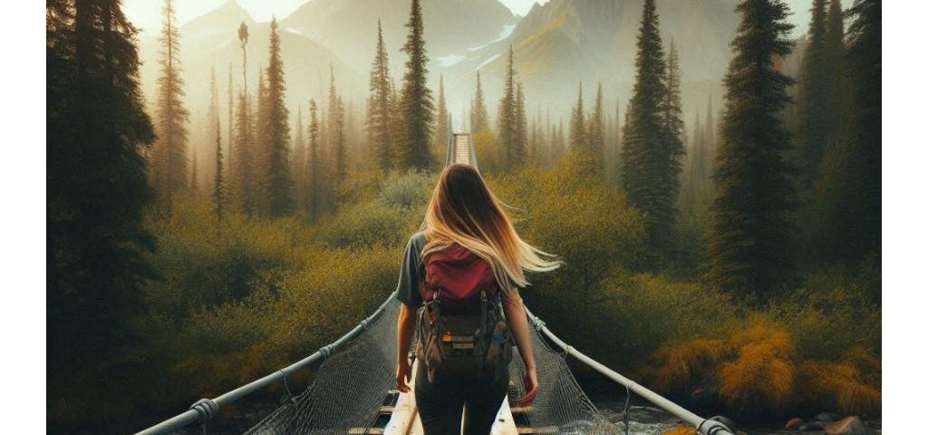 Woman, seen from behind, with long straight brown and blonde hair, walks across bridge towards beautiful tree and mountain area