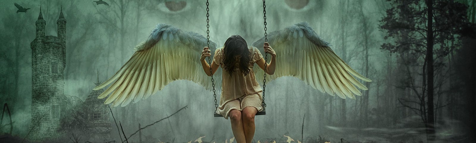 A girl with wings on a swing. Her feet are surrounded by a ring of fire, and there are giant eyes looking down on her from the cloudy sky.
