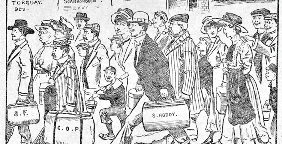 Cartoon showing crowds of workers with suitcases marching towards their holiday destinations
