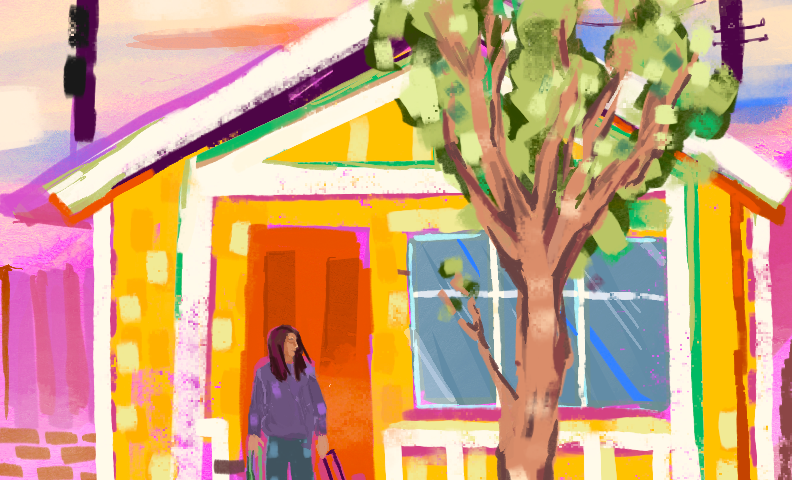 A woman holding a suitcase in her left hand stands on the front porch of a yellow house.