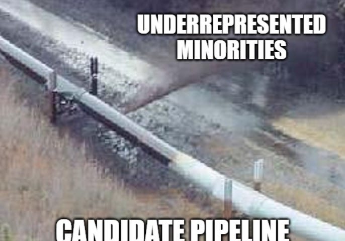 Ruptured pipeline labeled “Candidate Pipeline”. Where the oil is spilling out “Underrepresented Minorities”