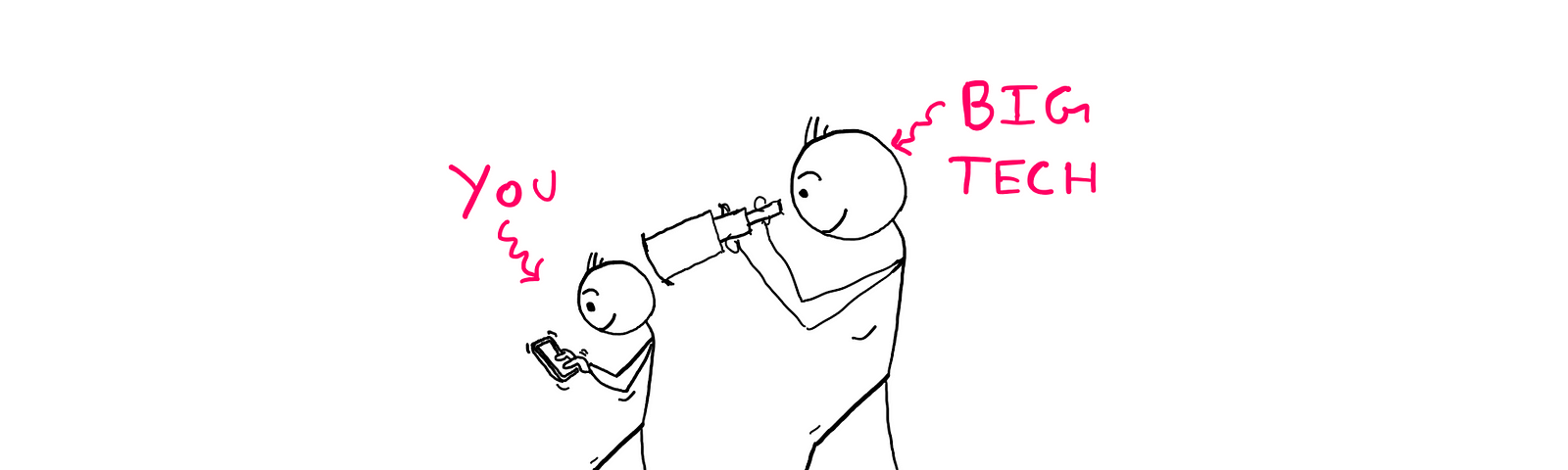 Big Tech Using Big Data For Perfect Prediction/Spying A Lie — An illustration showing a stick figure on the left with a smartphone. The stick figure seems to be smiling as it is texting. Labelled above the stick figure is the text “You”. On the right, a much bigger stick figure seems to be using a telescope to spy on what the smaller stick figure is typing. Labelled above this stick figure is the text “Big Tech”.