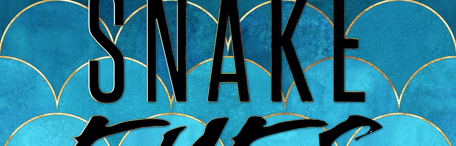 Image: The Snake Eyes typographic logo on a background of blue watercolor scales.