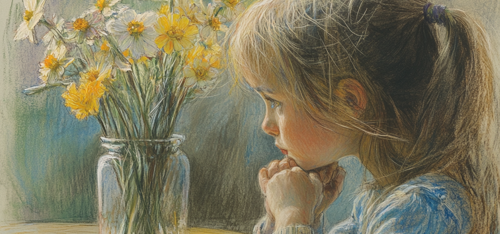 image of a young girl looking at wildflowers in a vase