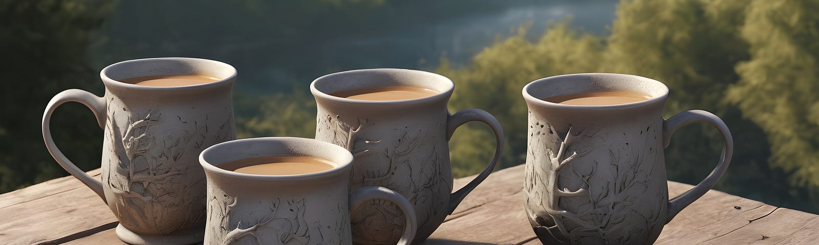 Four mugs of tea on an outside table