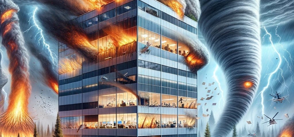 IMAGE: The building of an insurance company overwhelmed by various natural disasters. The scene depicts a dramatic and urgent scenario with the company’s building surrounded by forest fires, tornadoes, hurricanes, and floods, reflecting the challenges insurance companies face with a higher incidence of catastrophic events due to the climate emergency