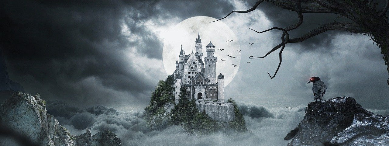 A castle at a night with a full Moon behind it, and a crow with a red eye watching it.