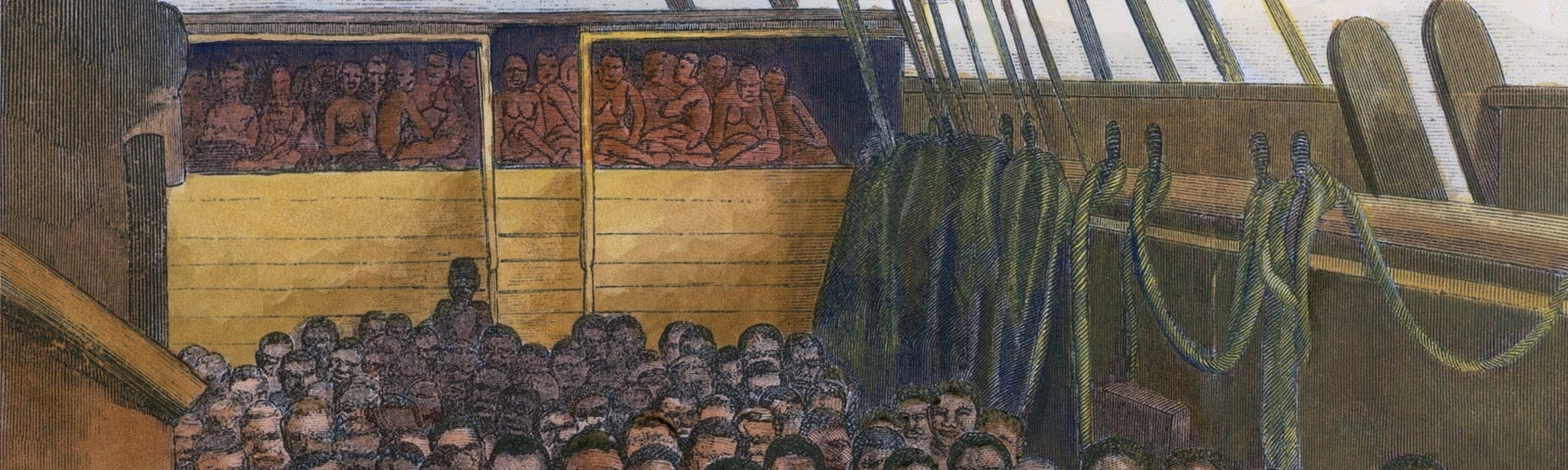 The slave deck of the ship ‘Wildfire’ captured transporting slaves 510 captives from Africa to the Caribbean, Wood engraving after daguerreotype made in Key West on April 30, 1860 with modern color.