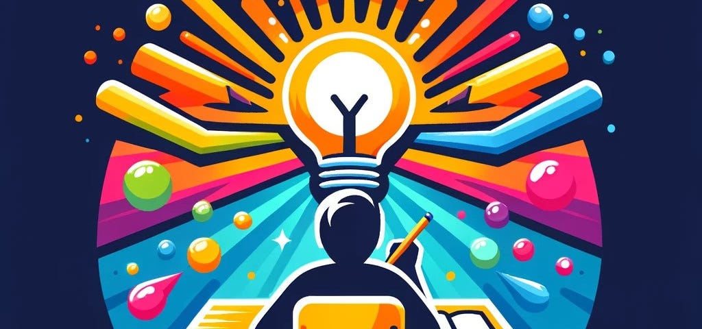 Logo on a dark blue background. Clip art style. A person sitting at a desk with a lightbulb above their head and color around it.