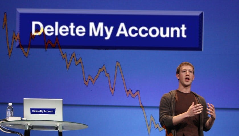 Mark Zuckerberg onstage, speaking in front of a large stock-report chart that shows a descending line, captioned with a Facebook ‘Delete My Account’ button.