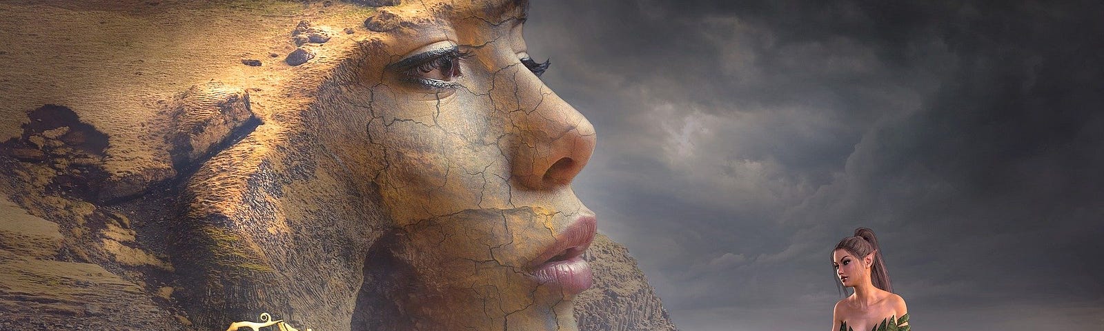 Fantasy image of woman’s head looking out to sea and a sandy shoreline
