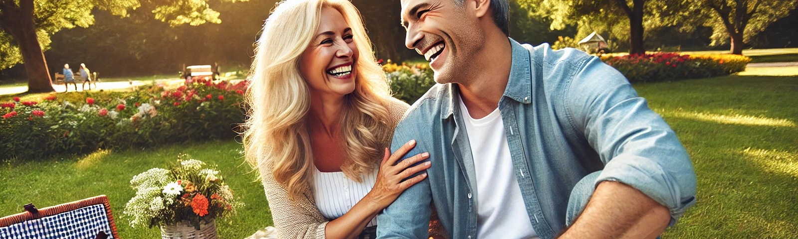 A middle-aged couple enjoying a picnic in a park, laughing and talking with each other, capturing a moment of joy and connection.